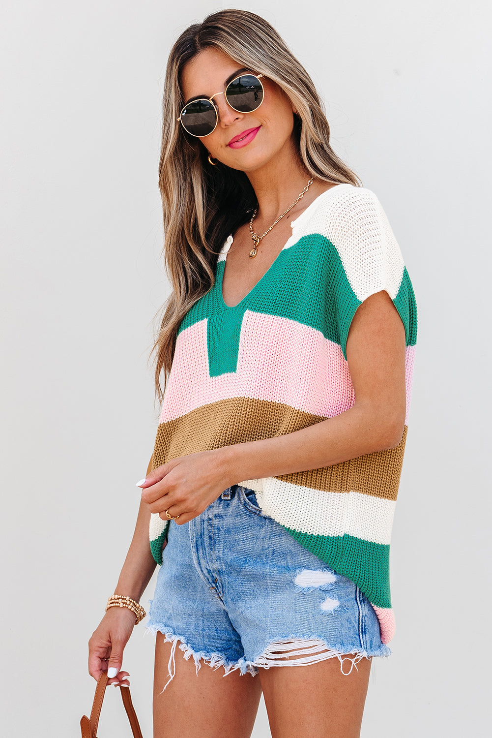 Light Blue Color Block Notch V Neck Sweater T Shirt