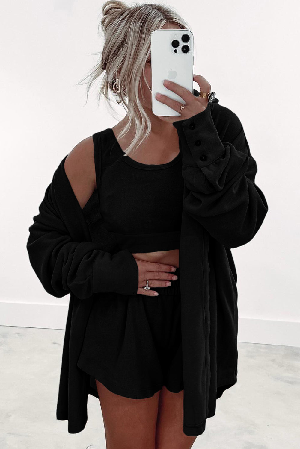 Light Pink 3 Pcs Crop Tank Top Shorts with Cardigan Lounge Set