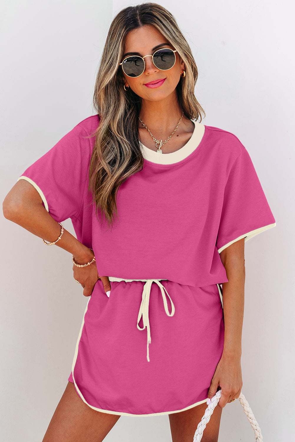 Turquoise Colorblock Edge Drop Shoulder T Shirt and Skort 2Pcs Set