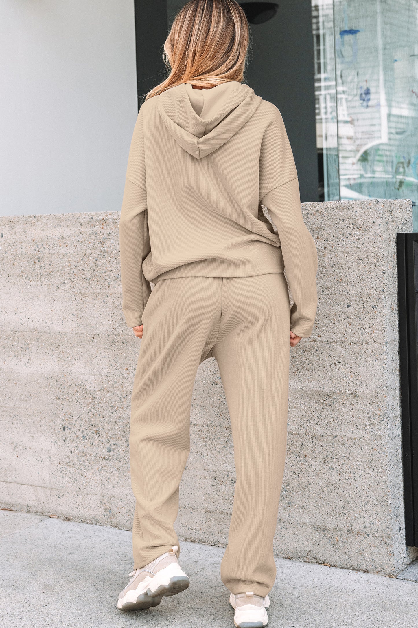 Dark Khaki Leopard Drawstring Pullover Hoodie and High Waist Pants Corduroy Suit
