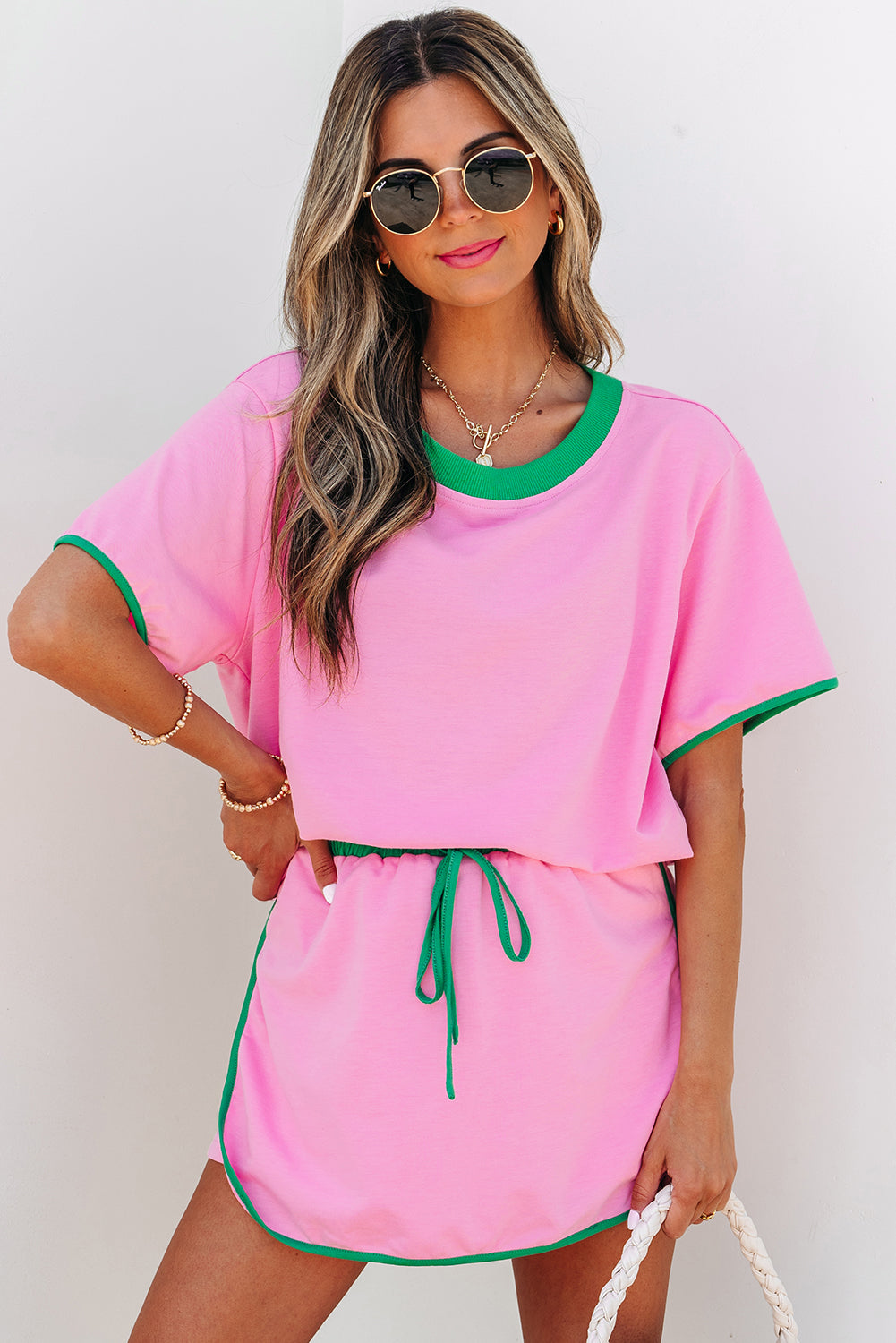 Turquoise Colorblock Edge Drop Shoulder T Shirt and Skort 2Pcs Set