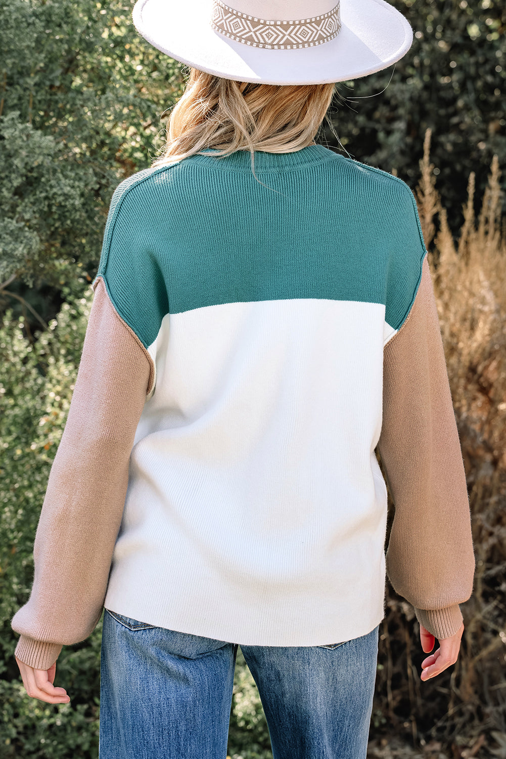 Green Color Block Plain Ribbed Knit Baggy Sweater