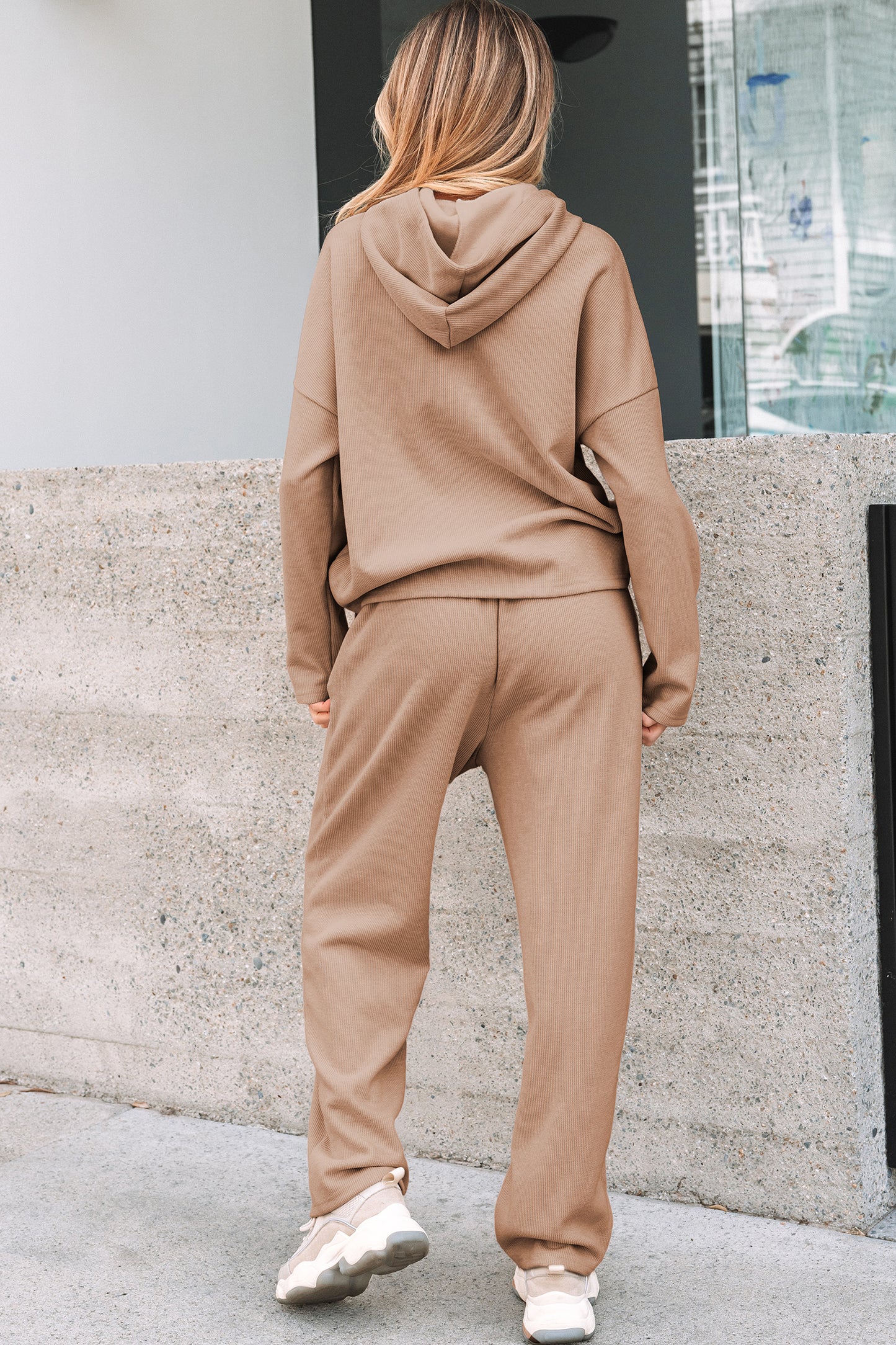 Dark Khaki Leopard Drawstring Pullover Hoodie and High Waist Pants Corduroy Suit