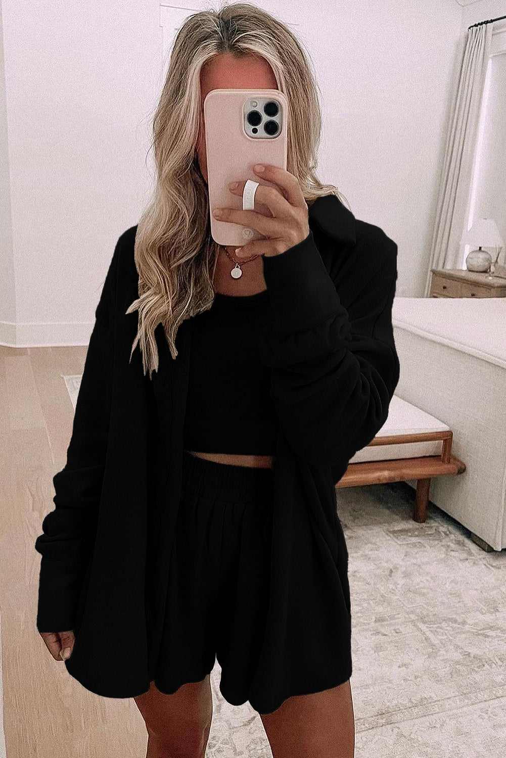 Light Pink 3 Pcs Crop Tank Top Shorts with Cardigan Lounge Set