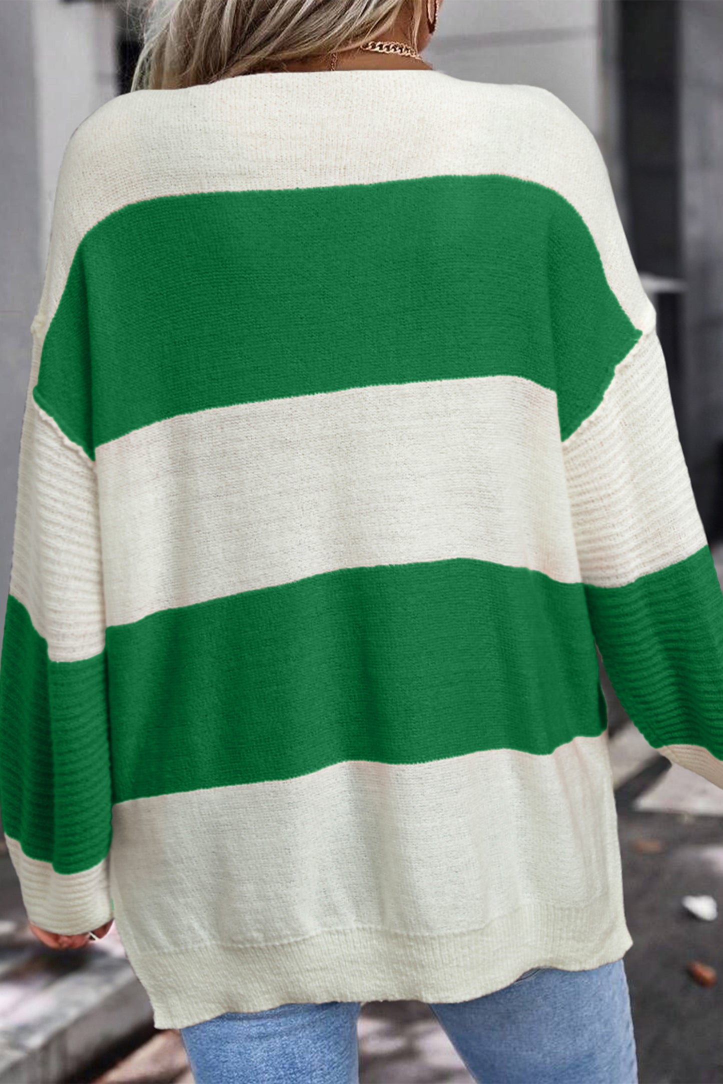 Red Stripe Loose Color Block Drop Shoulder Bubble Sleeve Sweater