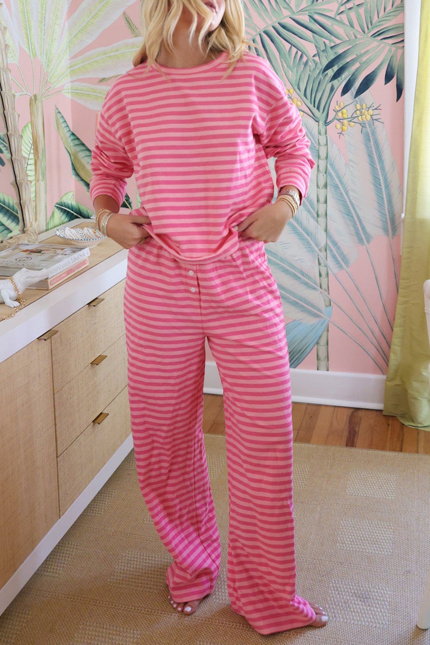 Pink Stripe Drop Shoulder Round Neck Top and Buttoned Straight Pants Two Piece Set