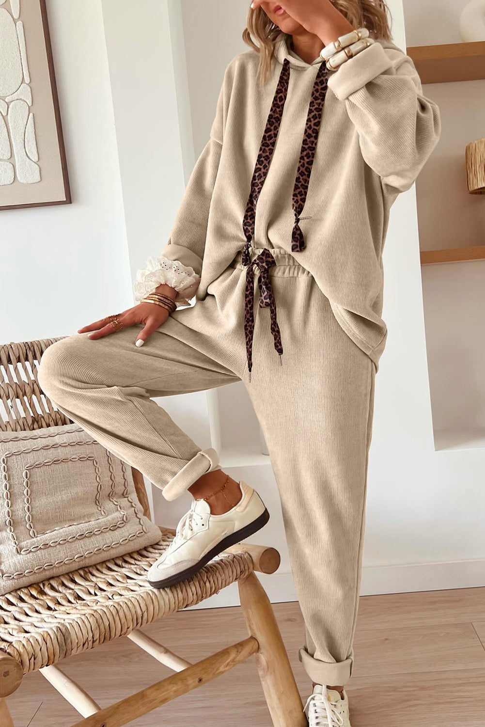 Dark Khaki Leopard Drawstring Pullover Hoodie and High Waist Pants Corduroy Suit
