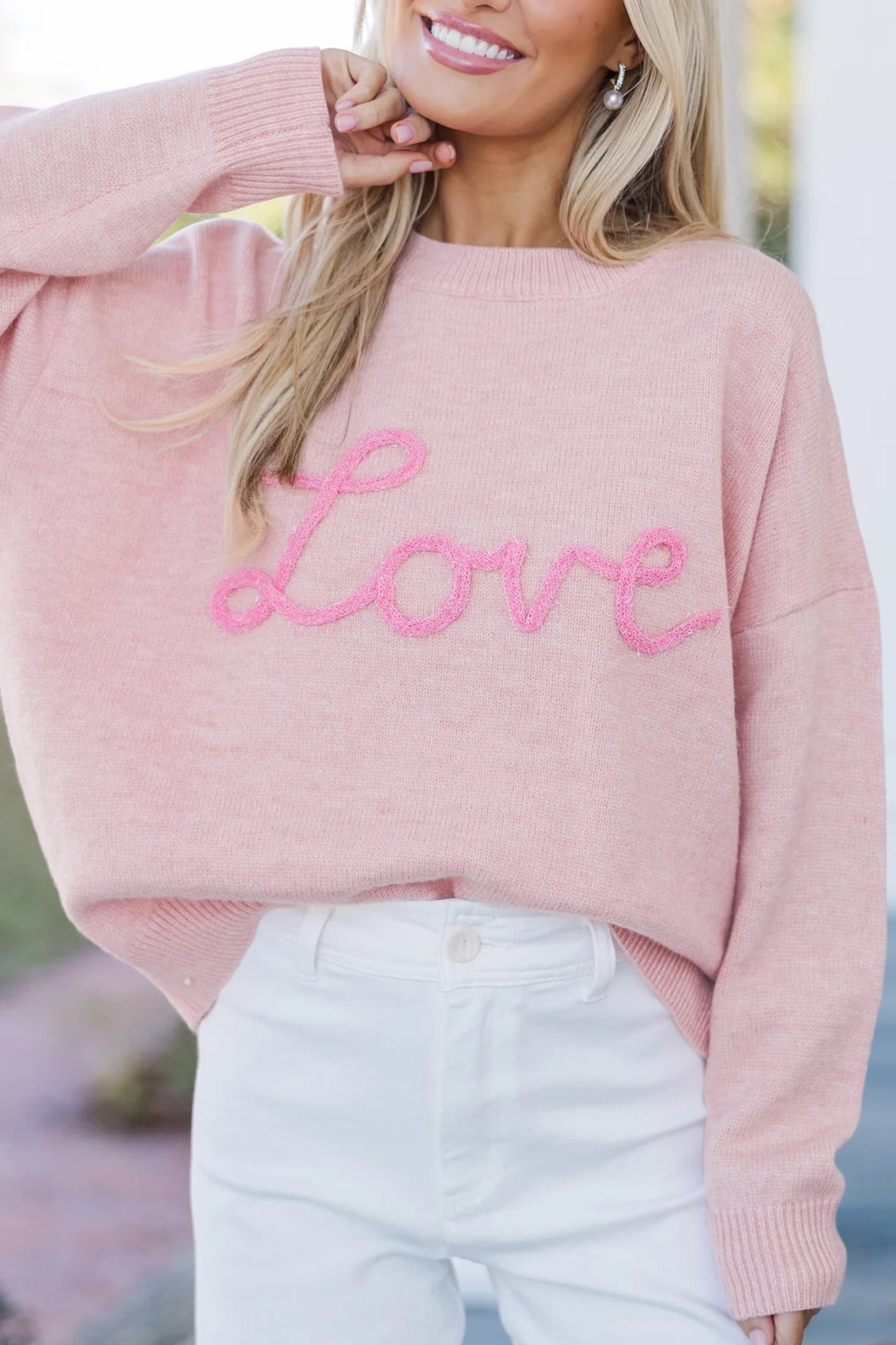 Pink Corded Love Script Graphic Baggy Sweater