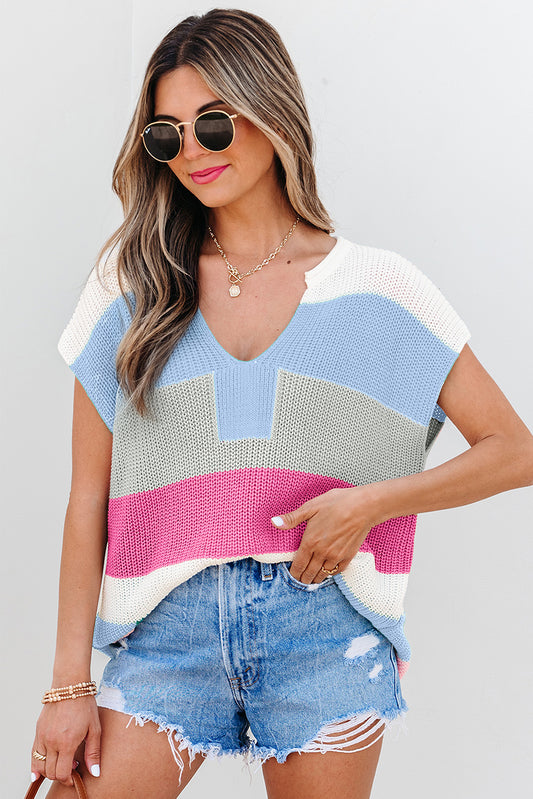 Light Blue Color Block Notch V Neck Sweater T Shirt