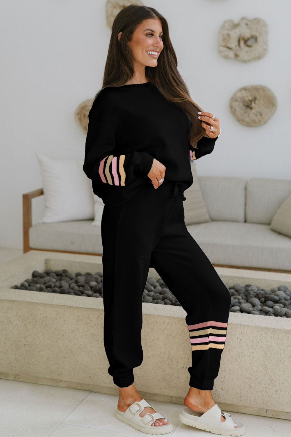 Beige Striped Drop Shoulder Round Neck Pullover and Jogger Pants Active Outfit