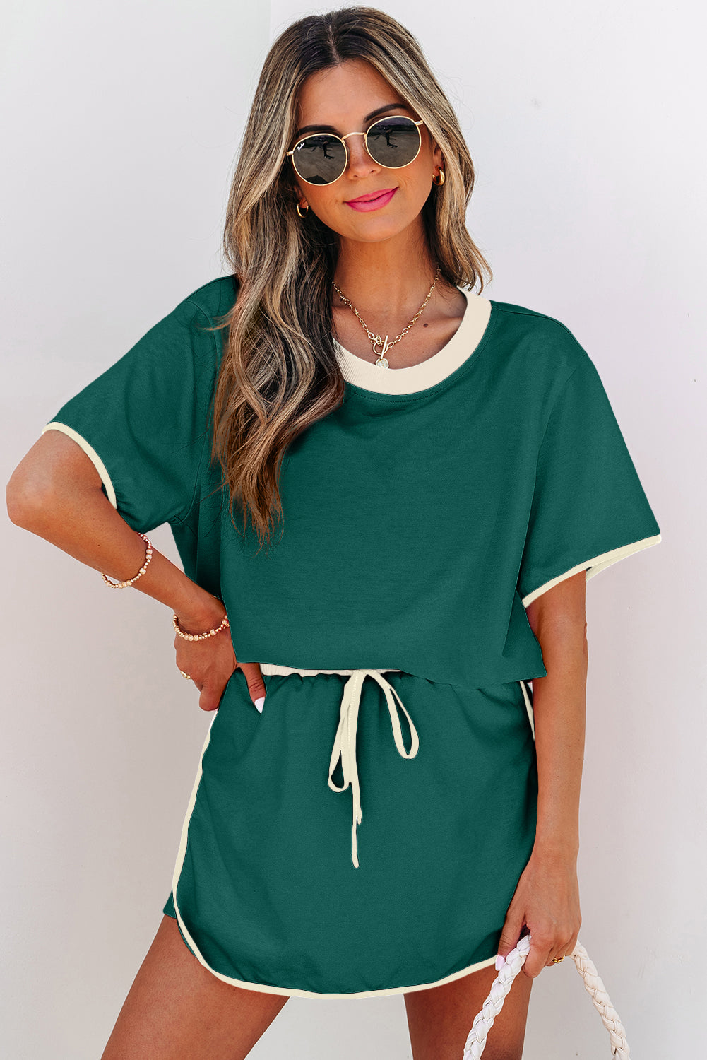 Turquoise Colorblock Edge Drop Shoulder T Shirt and Skort 2Pcs Set